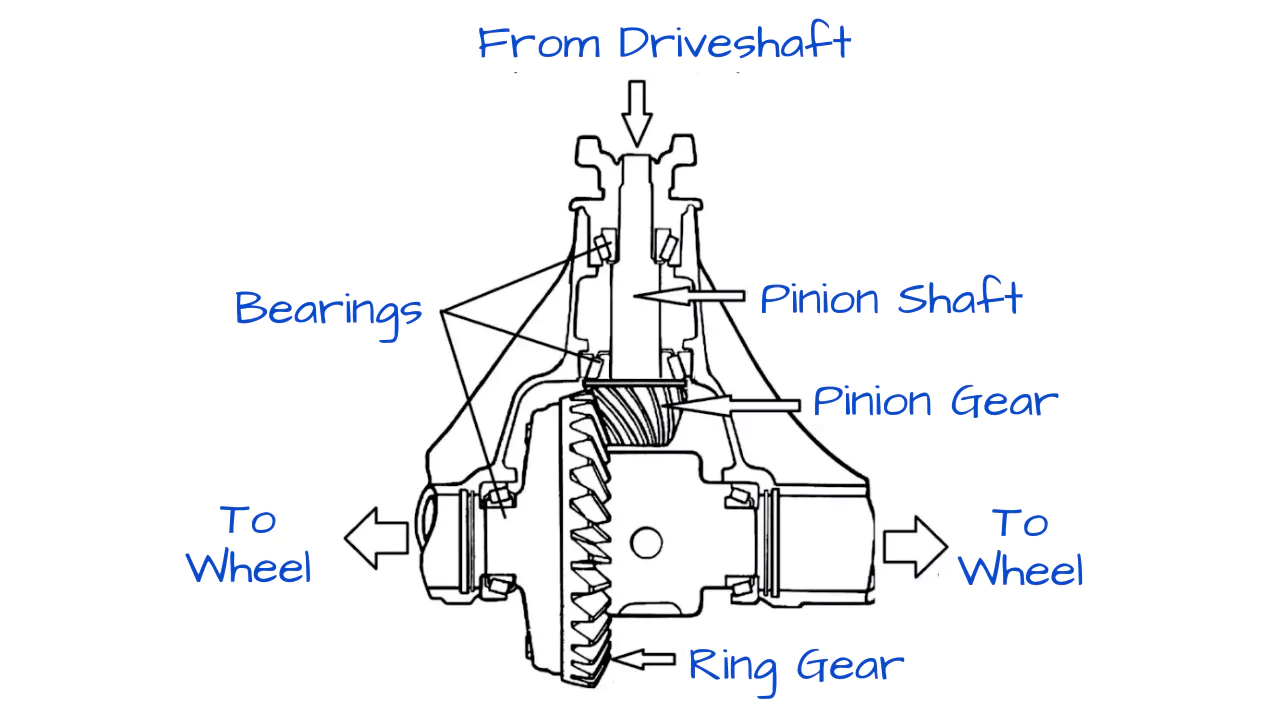 Diagram showing bearings, pinion shaft, pinion gear, and ring gear 